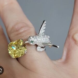 925 HUMMINGBIRD Silver Ring with Yellow MOSSIANITE Gemstone.